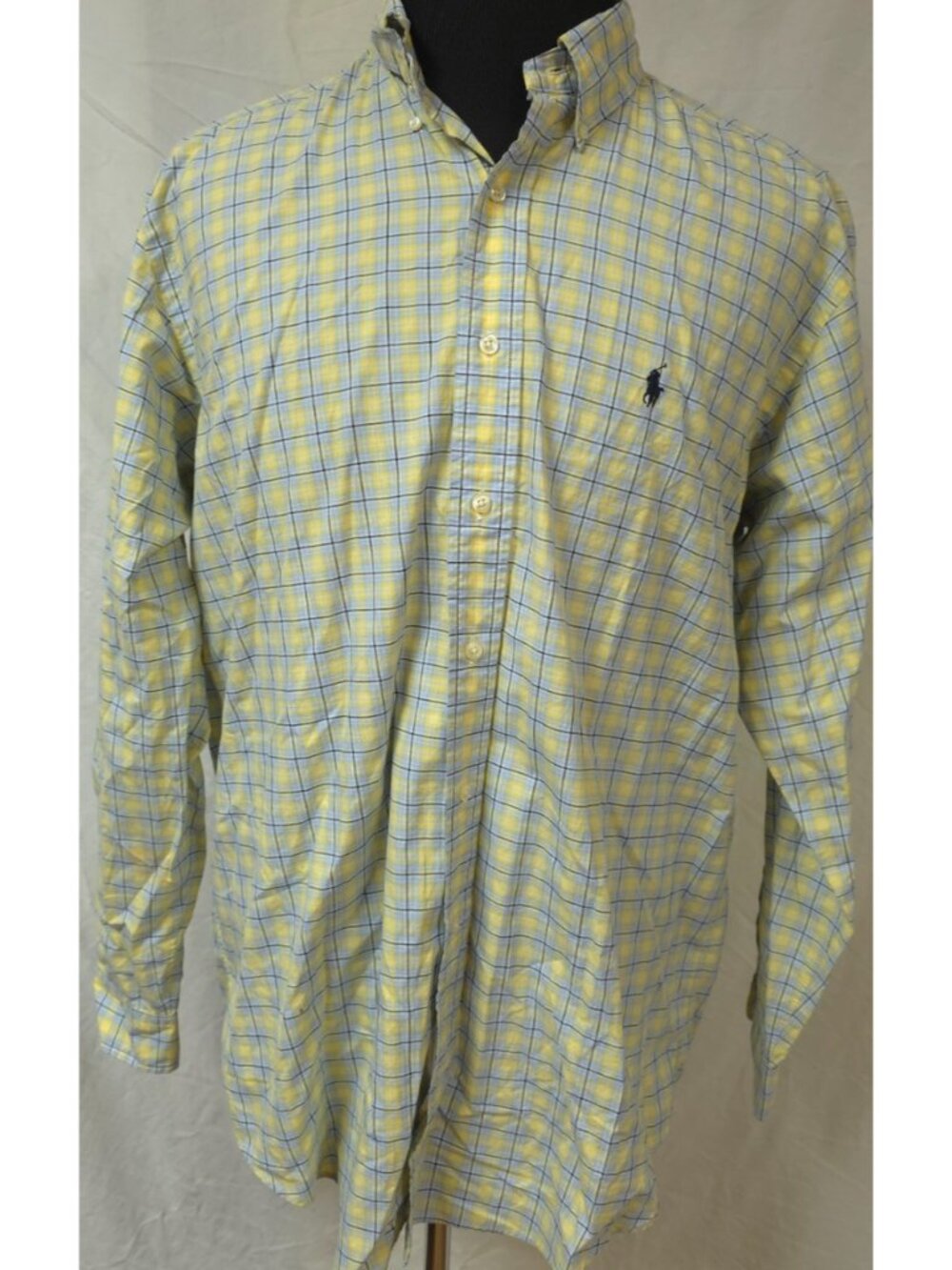 Ralph Lauren Classic Fit Mens Large Yellow Blue Plaid Button Down Logo Shirt